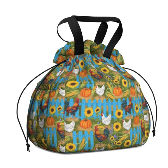 Rooster and Pumpkin Blue Pattern Drawstring Insulated Lunch Bag for Women, Stain-Resistant Large Lunch Tote with Multi-Pockets for Work Office