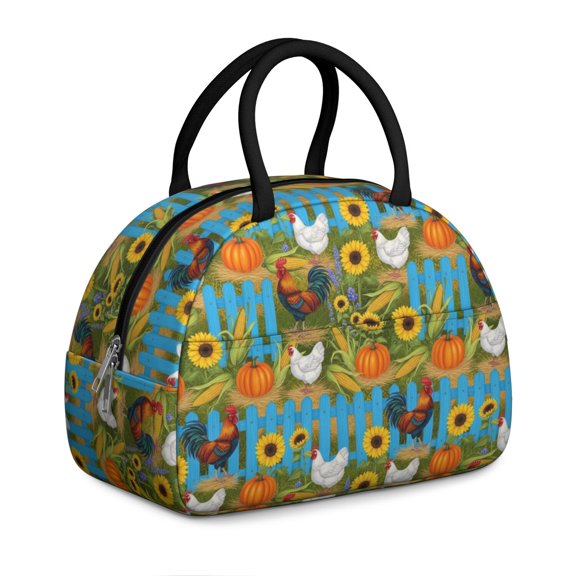 Rooster and Pumpkin Blue Pattern Insulated Lunch Bag,Leakproof Large Capacity Lunch Box for Work,Picnic or Travel,11.4 X 6.7 X 8.3 Inches