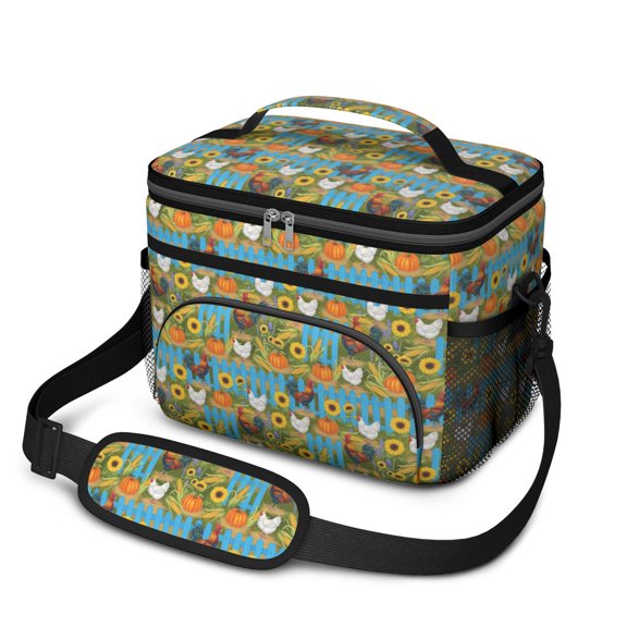 Rooster and Pumpkin Blue Pattern Insulated Lunch Box for Women Men, Medium Leakproof Cooler Bag with Adjustable Strap, 10"x6.7"x8"