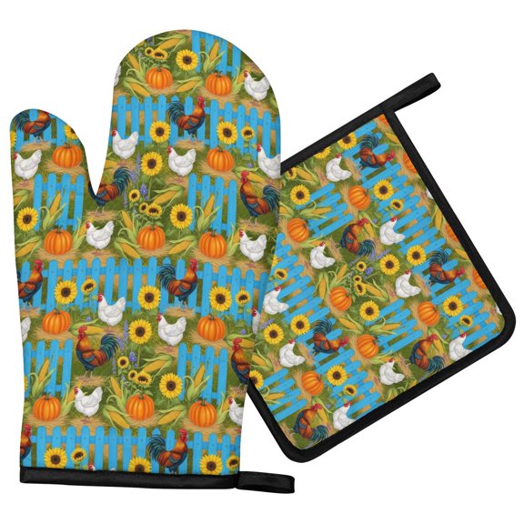 Rooster and Pumpkin Blue Pattern Oven Mitts and Pot Holder Sets 1 Pcs for Kitchen Baking, Cooking and Grilling, Heat Resistant Up To 392 °F