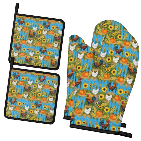 Rooster and Pumpkin Blue Pattern Oven Mitts and Pot Holder Sets 2 Pcs for Kitchen Baking, Cooking and Grilling, Heat Resistant Up To 392 °F