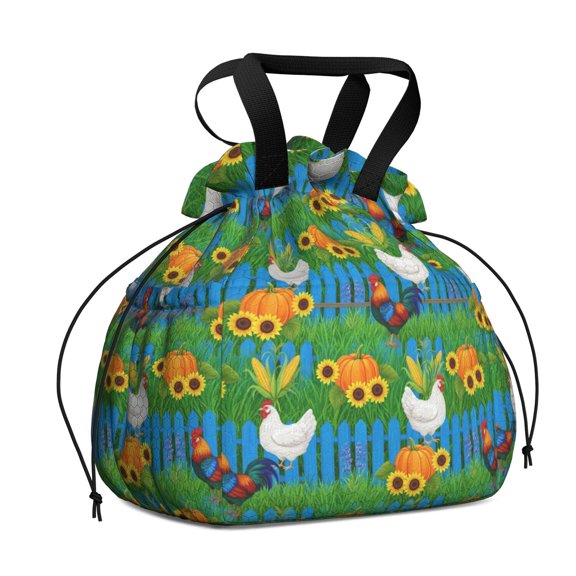 Rooster and Pumpkin Green Pattern Drawstring Insulated Lunch Bag for Women, Stain-Resistant Large Lunch Tote with Multi-Pockets for Work Office
