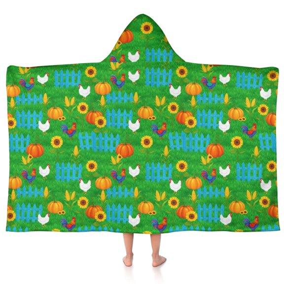 Rooster and Pumpkin Green Pattern Hooded Bath Towel Wrap for Teens Ages 3 To 12, Soft Lightweight Quick Dry Microfiber Bath Beach Pool, 50"x30"