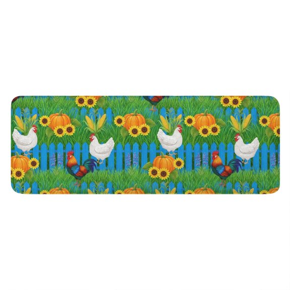 Rooster and Pumpkin Green Pattern Non Slip Washable Kitchen Rug, Decorative Floor Mat for Kitchen, Sink, Laundry Room, 17"x47"