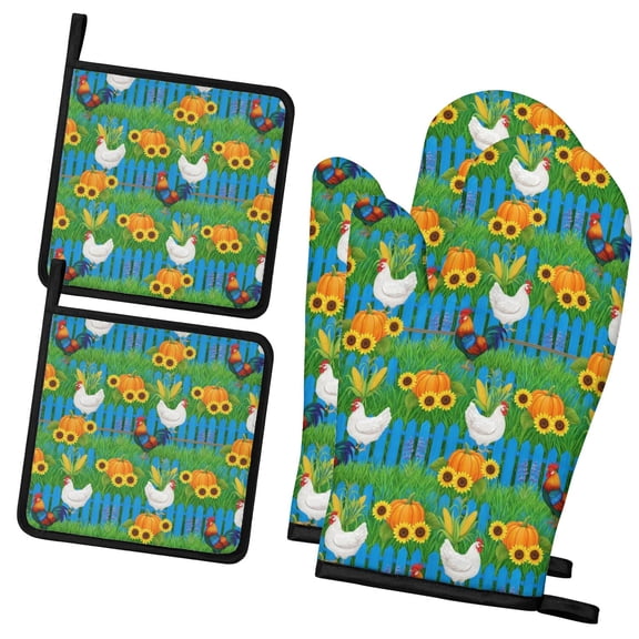 Rooster and Pumpkin Green Pattern Oven Mitts and Pot Holder Sets 2 Pcs for Kitchen Baking, Cooking and Grilling, Heat Resistant Up To 392 °F