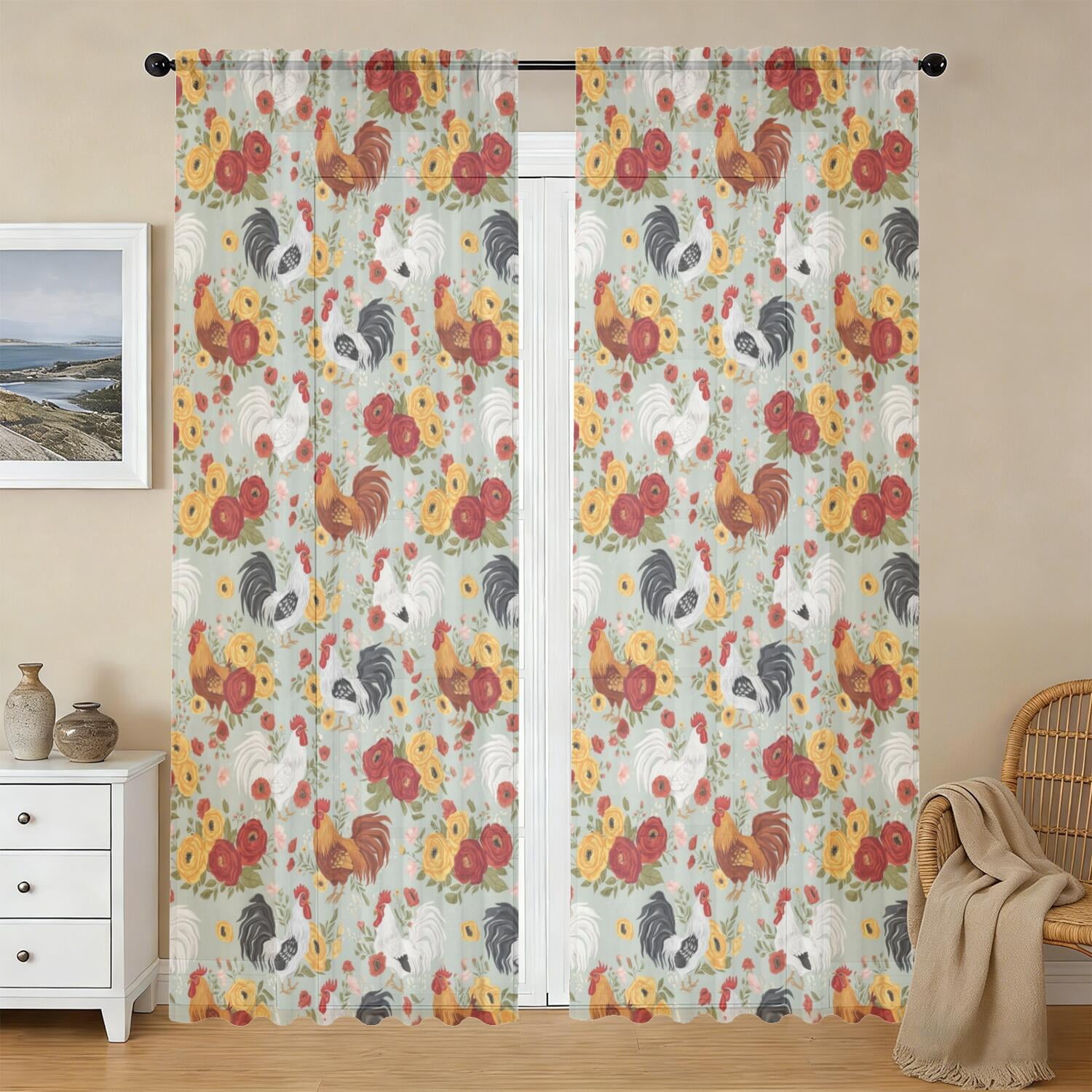 Rooster and Rose Grey Pattern Sheer Curtains, Voile Drapes with Dual ...