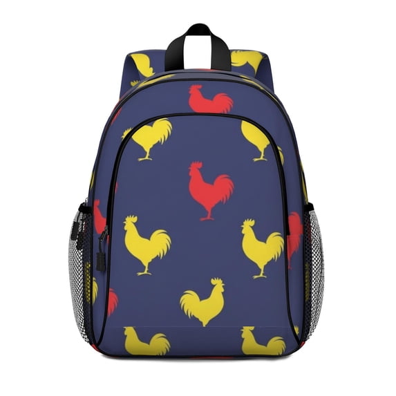 Rooster and Silhouette Blue Pattern Backpack for School, Cute School Bag with Adjustable Shoulder Straps and Padded Back, 15"x11.42"x5.5"