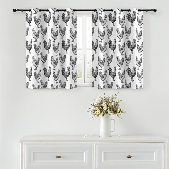 Rooster and Sketch White Pattern Blackout Curtains,Triple Weaved Fabric,Thermal Insulated,Room Darkening,Grommet Top,2 Panels,42x45in(107x114cm)