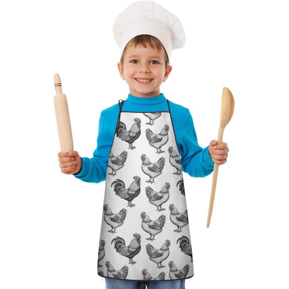 Rooster and Sketch White Pattern Teens Aprons, Adjustable Neck Strap, Toddler & Teens Aprons for Cooking & Baking, 19x23.6 Inches