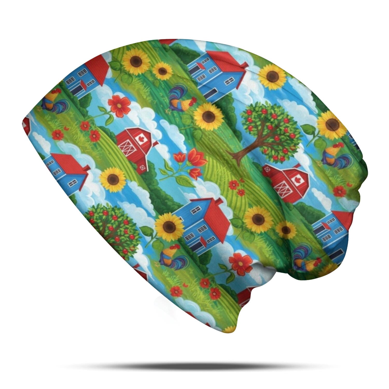 Rooster and Sky Blue Pattern Slouchy Beanie Hat, Sleep Head Covering ...