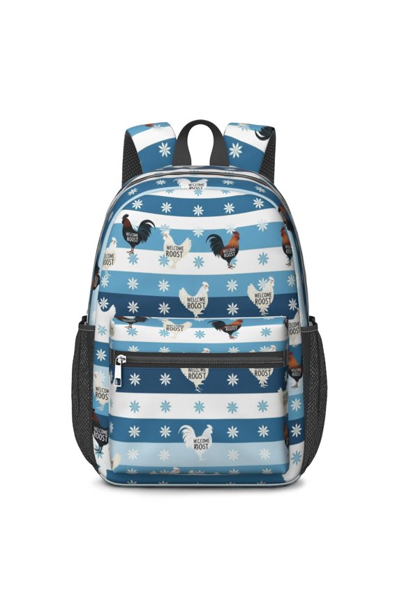 Rooster and Snowflake Blue Pattern 17" School Backpacks for Teens,Waterproof Oxford Fabric,S-Shape Padded Straps for School,Travel,Hiking,Camping