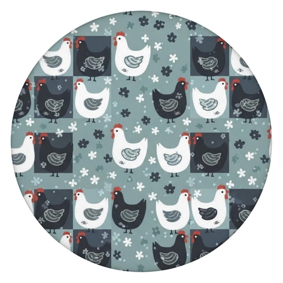 Rooster and Square Grey Pattern Round Fitted Tablecloth with Elastic Edge, Waterproof Dining Table Cover for Indoor Outdoor Camping and Daily Use