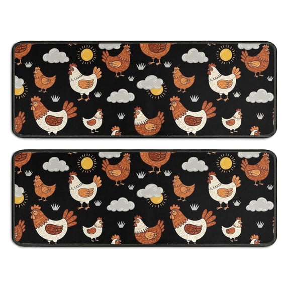Rooster and Sun Black Pattern Anti Fatigue Kitchen Rugs Set Of 2, Non Slip Washable Decorative Floor Mats for Sink Laundry and Home Use, 17"x47"