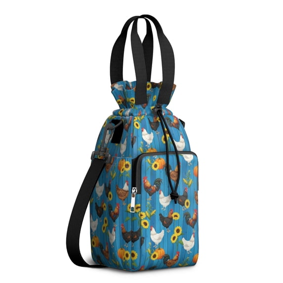 Rooster and Sunflower Blue Pattern Water Bottle Holder with Strap ...