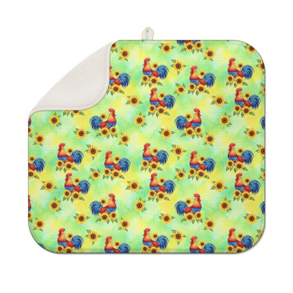 Rooster and Sunflower Green Pattern 1 Pack Kitchen Dish Drying Mat, Ultra Absorbent Microfiber Dish Drainer Mat, 16"x18"