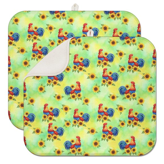 Rooster and Sunflower Green Pattern 2 Pack Kitchen Dish Drying Mat, Ultra Absorbent Microfiber Dish Drainer Mat, 16"x18"