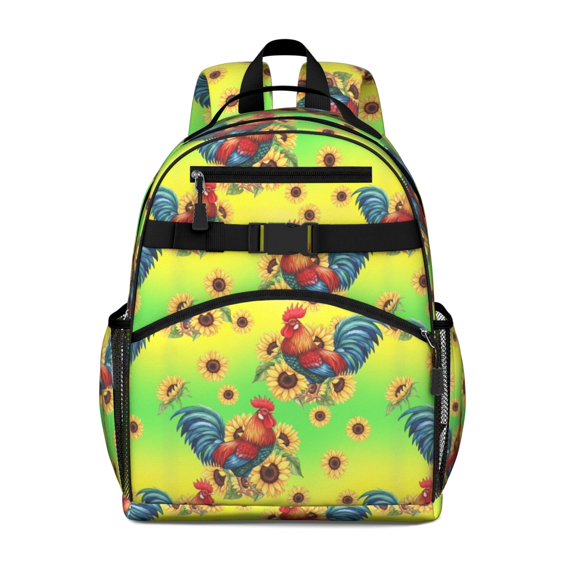 Rooster and Sunflower Green Pattern Cute School Backpack Bag for School with Padded Back and Adjustable Shoulder Straps 15.25"x11.5"x5.25"