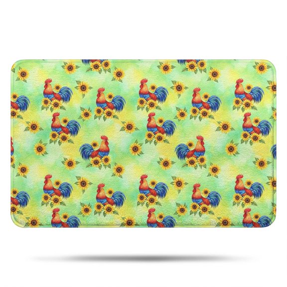 Rooster and Sunflower Green Pattern Non Slip Microfiber Bathroom Rugs, Soft Rubber Backing Bath Mats for Bathroom Floor Tub and Shower,17"x27"