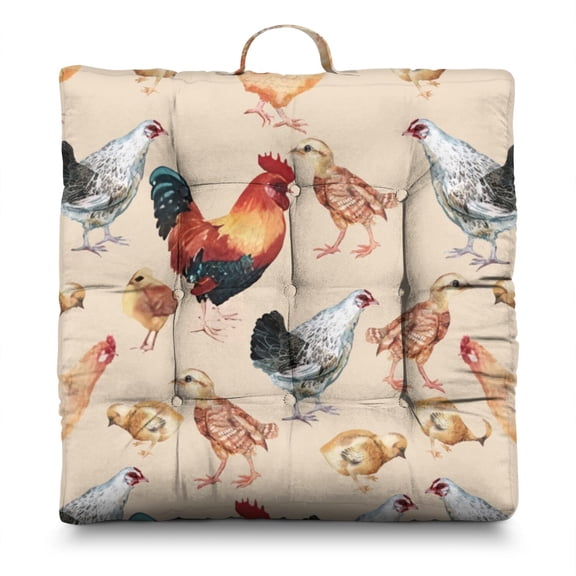 Rooster and Sunflowers Meditation Cushion - Extra-Thick Square Floor Seat with Retro Design