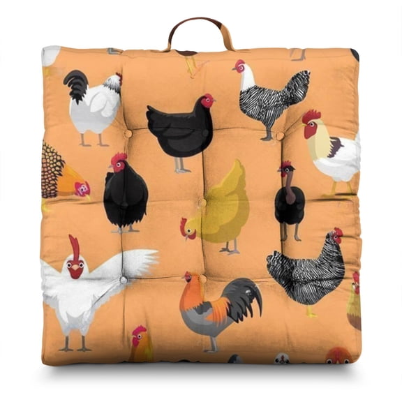 Rooster and Sunflowers Meditation Cushion - Extra-Thick Square Floor Seat with Retro Design