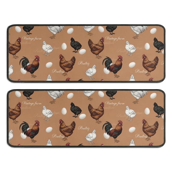 Rooster and Text Brown Pattern Anti Fatigue Kitchen Rugs Set Of 2, Non Slip Washable Decorative Floor Mats for Sink Laundry and Home Use, 17"x47"
