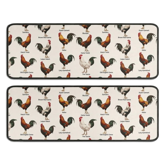 Rooster and Text Cream Pattern Anti Fatigue Kitchen Rugs Set Of 2, Non Slip Washable Decorative Floor Mats for Sink Laundry and Home Use, 17"x47"