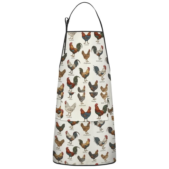 Rooster and Text Cream Pattern Apron for Women with Pockets, Cotton Linen Waterproof Adjustable Apron for Kitchen Cooking Gardening BBQ Salon 33"x27"