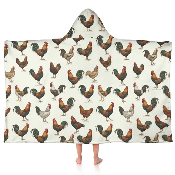 Rooster and Text Cream Pattern Hooded Bath Towel Wrap for Teens Ages 3 To 12, Soft Lightweight Quick Dry Microfiber Bath Beach Pool, 50"x30"