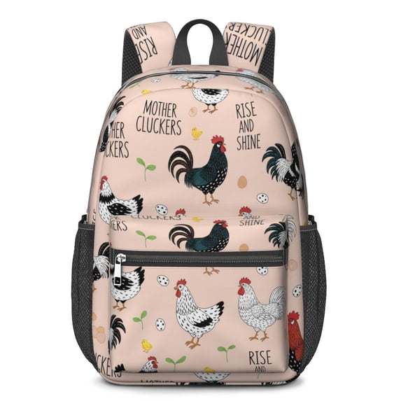 Rooster and Text Pink Pattern 17" School Backpacks for Teens,Waterproof Oxford Fabric,S-Shape Padded Straps for School,Travel,Hiking,Camping