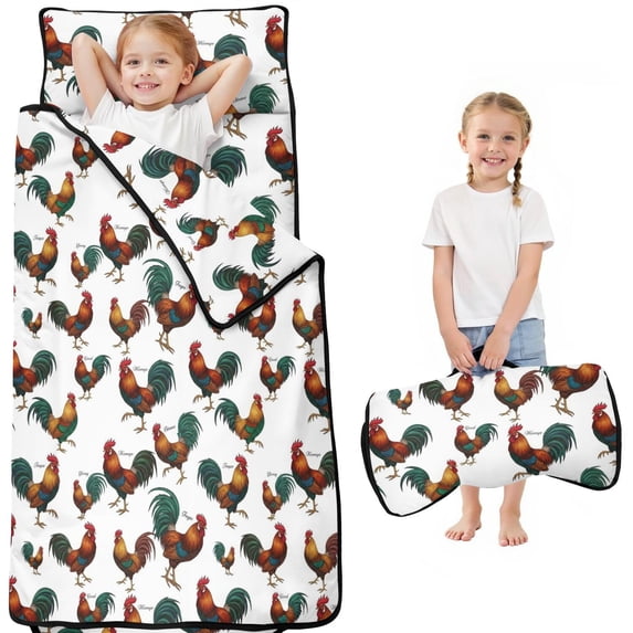 Rooster and Text White Pattern Teens Toddler Nap Mat with Pillow, Sleeping Mat Bag for Preschool Daycare 51"x22"