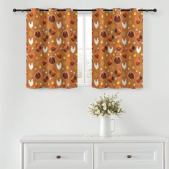 Rooster and Turkey Brown Pattern Blackout Curtains,Triple Weaved Fabric,Thermal Insulated,Room Darkening,Grommet Top,2 Panels,42x45in(107x114cm)