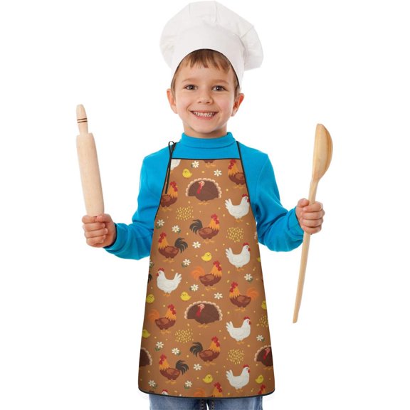 Rooster and Turkey Brown Pattern Teens Aprons, Adjustable Neck Strap, Toddler & Teens Aprons for Cooking & Baking, 19x23.6 Inches