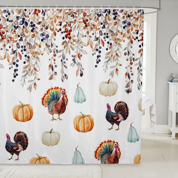 Rooster and Turkey Waterproof Shower Curtain, Fall Autumn Harvest Design, for Kids and Adults