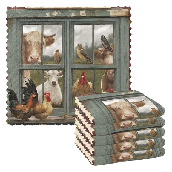Rooster at The Farmhouse Window Kitchen Cloth Dish Towels for Drying Washing Absorbent Dish Rags Reusable soft kitchen dishcloth set 6 Pack