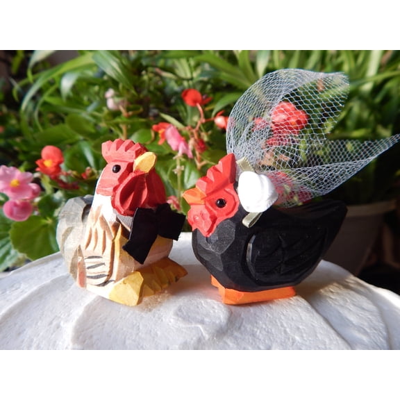Rooster &black hen Cake Topper Bride Groom Love Wedding Engagement Wood Statue