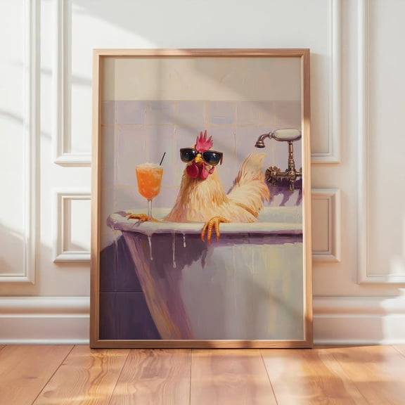 Rooster in Bathtub Digital Art Print, Vertical Chicken with Cocktail Poster, Farm Animal Bathroom Wall Art, Quirky Farmhouse Decor 8x12 UNFRAMED