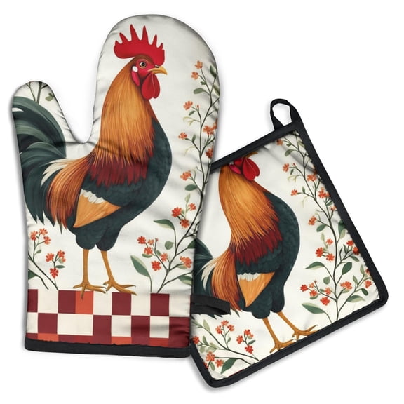 Rooster with Flowers Kitchen Oven Mitt and Pot Holder Sets 2 Pcs for Baking, Cooking and Grilling, Heat Resistant Up To 392 °F