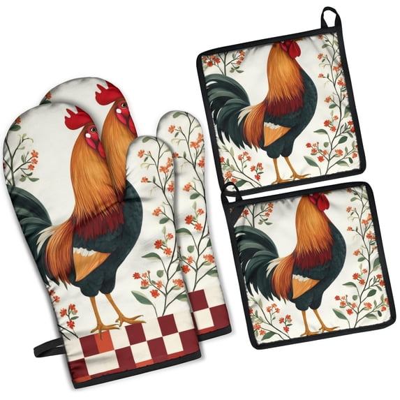 Rooster with Flowers Kitchen Oven Mitt and Pot Holder Sets 4 Pcs for Baking, Cooking and Grilling, Heat Resistant Up To 392 °F