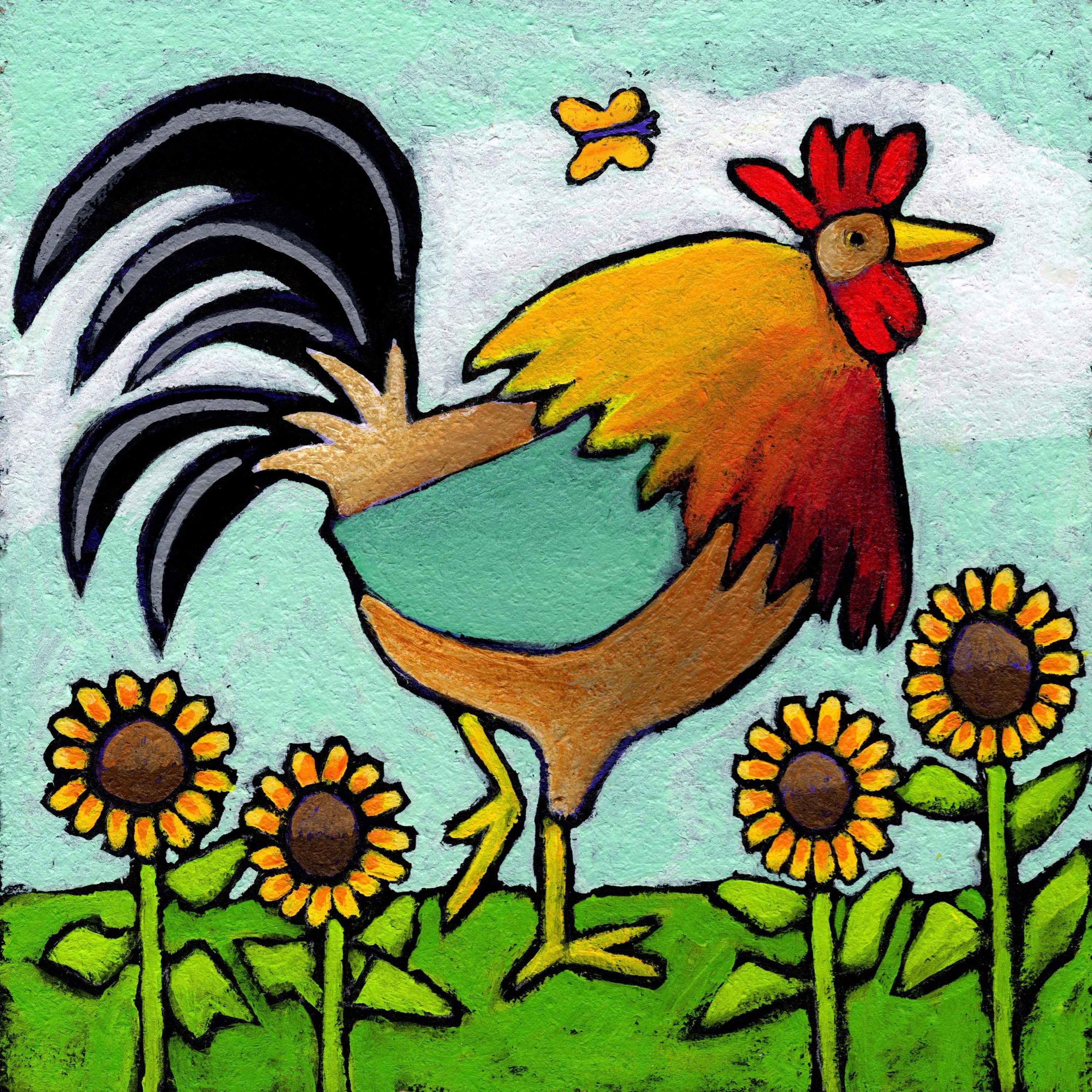 "Rooster with Sunflowers" by Janet Nelson Painting Print on Wrapped Canvas