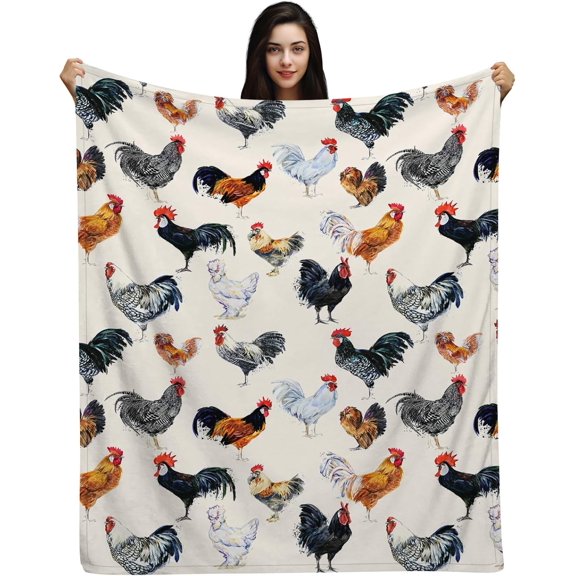 Roosters Blanket for Baby Kids Teens Adults,Vintage Colorful Roosters on White Throw Blanket,Ultra Soft Luxury Novelty Gift Quilt Blanket for Couch,Travel,Camping,60"x50"