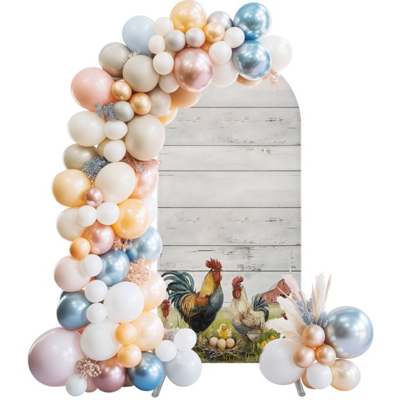 Roosters Hens Arch Backdrop Covers 5 FT, Farmhouse Rustic Country Farm Red Barn Wood Grain Stretchy Fitted Arched Stand Covers