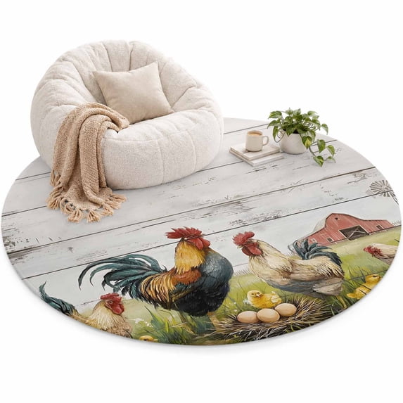 Roosters Hens Area Rug 6', Farmhouse Rustic Country Farm Red Barn Wood ...