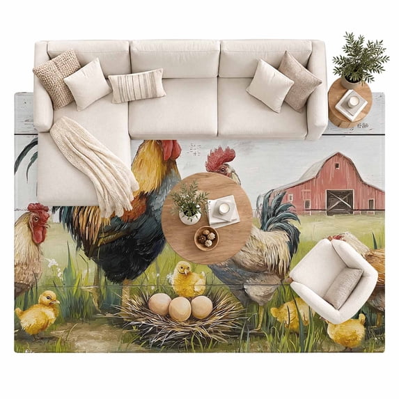 Roosters Hens Area Rug 8'x10', Farmhouse Rustic Country Farm Red Barn ...