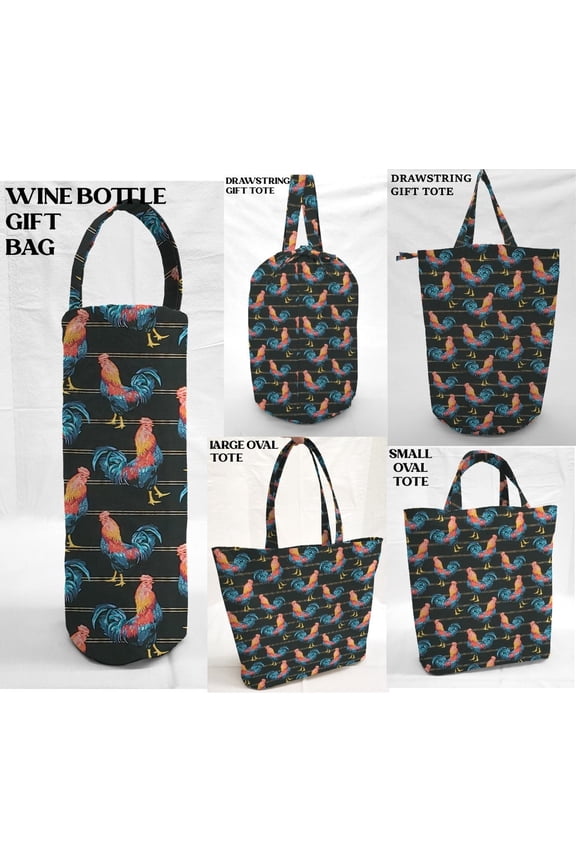 Roosters Reusable Fabric Gift Bags and/or Tote Bags (Wine Bottle Gift Bag) Black