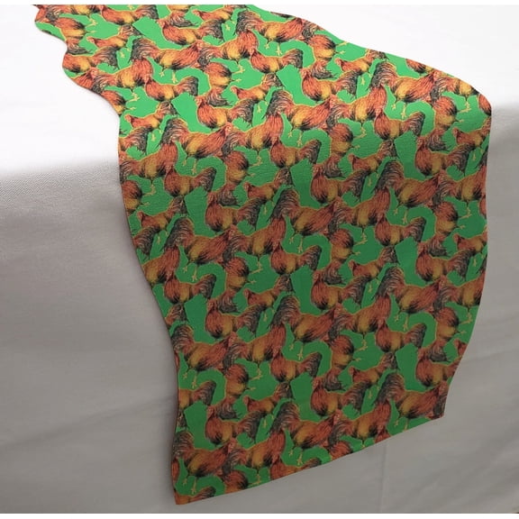 Roosters Table Runner by Penny's Needful Things (3 Feet Long - SCALLOPED) (Green)