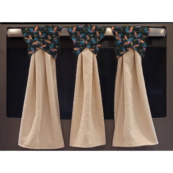 Roosters Wraparound Snap Hanging Towels (Set of 2) by Penny's Needful Things (Black) (Terrycloth Color: Off White)