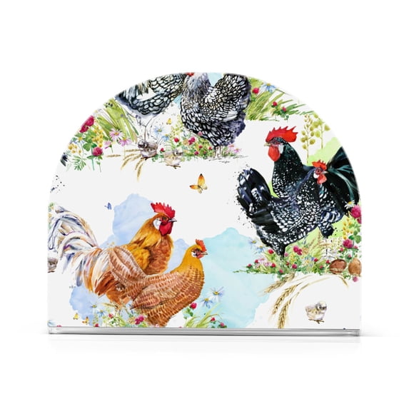 Roosters and Chickens Pattern Acrylic Napkin Holder Tissue Paper Clear Tabletop Dispenser Dining Room Bathroom Party Hotel