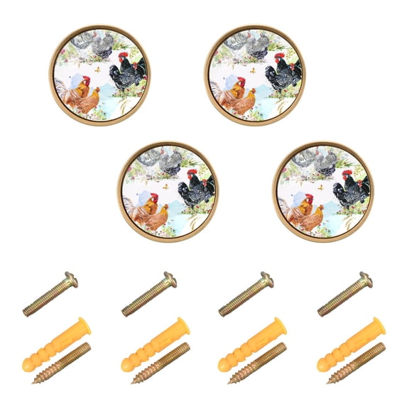 Roosters and Chickens Pattern Cabinet Knobs Kitchen Drawers Knobs Door Round Pulls Knob Handles Dresser Cupboard Wardrobe Decorative Set of 4