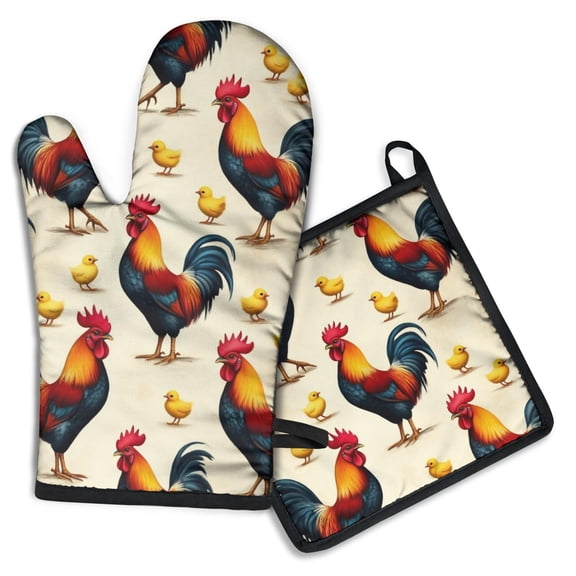 Roosters and Chicks Kitchen Oven Mitt and Pot Holder Sets 2 Pcs for Baking, Cooking and Grilling, Heat Resistant Up To 392 °F