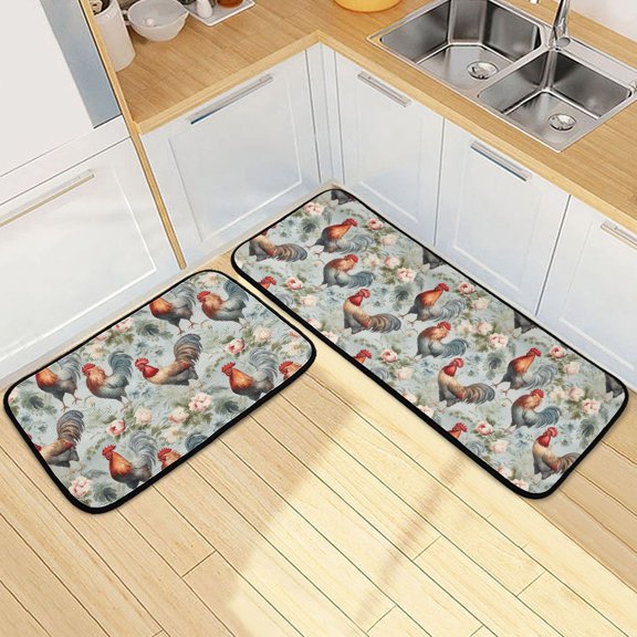 Roosters and Flowers Kitchen Rugs Set of 2 Non Slip Floor Foam Mat Cushioned Soft Waterproof Carpet Runner for Dining Room Laundry